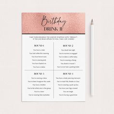 a pink and black birthday drink list with a pencil next to it on a white surface