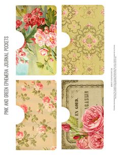 four pieces of paper with pink flowers and green leaves on them, all in different colors