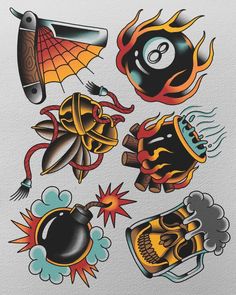 an assortment of tattoos on paper with different colors and designs, including skulls, fireballs,