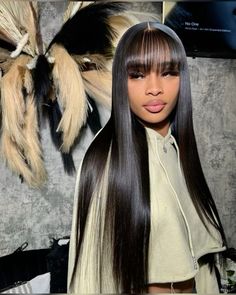 Alimice Black Human Hair Wigs with Curtain Bangs For Black Women Brazilian Virgin Straight Human Straight Wig With Bangs, Straight Human Hair Wig, Frontal Wig Hairstyles, Wig Straight, Quick Weave Hairstyles, Hair With Bangs, Dope Hairstyles, Hair Ponytail Styles, Wig With Bangs