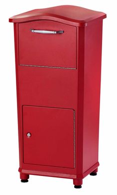 a red cabinet with two drawers on wheels