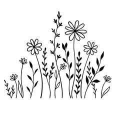 black and white drawing of flowers on a white background