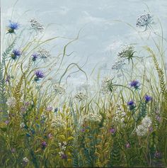 an oil painting of wildflowers and grasses against a blue sky