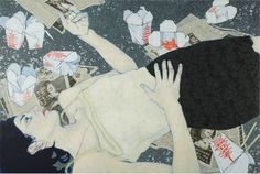 a painting of a woman with her hands in the air and papers scattered around her