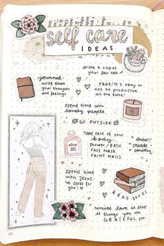 an open notebook with some drawings and writing on it, including the words self care ideas