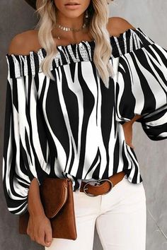 Striped Off Shoulder Top, Commuter Style, Women Chiffon Blouse, Striped Tops Women, Lantern Sleeve Top, Pullover Mode, Shirts Women Fashion, Ladies Tops, Striped Polo Shirt