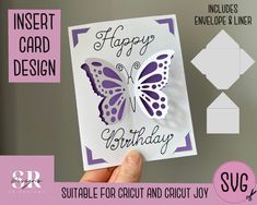 a hand holding up a card with a butterfly on it and the words happy birthday