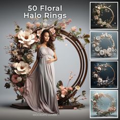 a woman in a gray dress standing next to flowers and wreaths with the words 50 floral halo rings