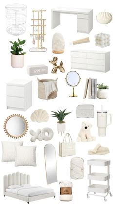 a collage of white furniture and accessories