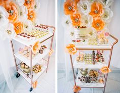 two pictures of a cart with cakes and cupcakes on it next to flowers