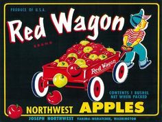 an old red wagon advertisement with apples in it