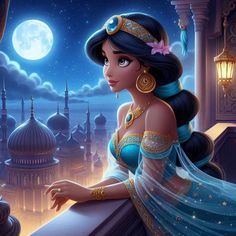 the princess is looking out over the city at the moonlit sky with her hands on her hips