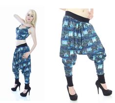 Hammer Pants Drop Crotch Harem Leggings Blue by neonthreadsdesigns, $60.00 Mc Hammer Pants, Womans Pants, Hammer Pants, Mc Hammer, Stretch Lace Top, Retro Costume, Hawaiian Dress, Ethnic Print, Plus Size Pants