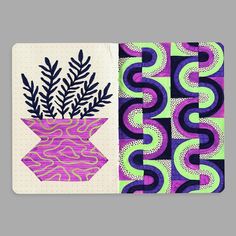 two notebooks with designs on them, one is purple and the other is green