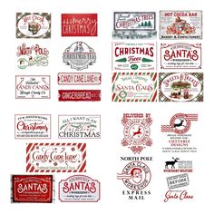 christmas labels and stickers are shown in red, green, and white color scheme