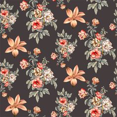 a floral pattern with pink and white flowers on a dark background in shades of red, orange, yellow and green