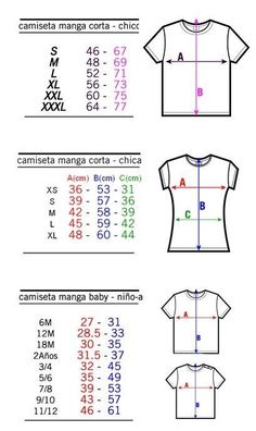 an image of t - shirts with measurements for men and women, including the size chart