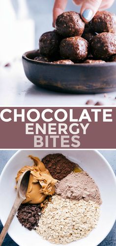 chocolate energy bites in a bowl with peanut butter