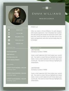 a professional resume template with grey and white colors on the front, green leaves in the background