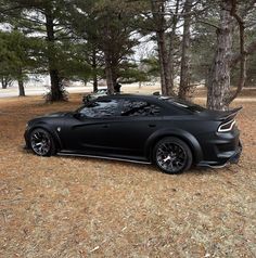 a black sports car parked in front of some trees