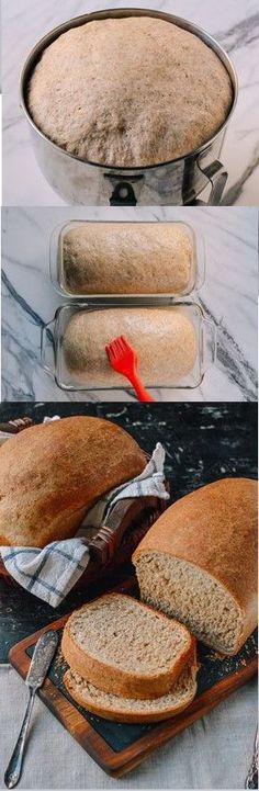 the bread is being cut into pieces and placed on a cutting board