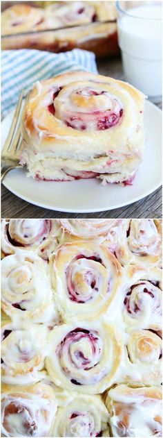 a white plate topped with rolls covered in icing