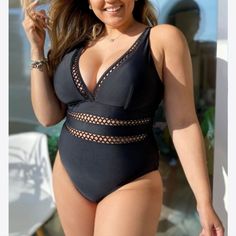 Black Lattice Plunge V-Neck One Piece Swimsuit, Size M Black Swimsuit Outfit, Swimsuit Outfit, Black Lattice, Summer Style Guide, Swimsuits Outfits, Plus Size One Piece, Plunging One Piece Swimsuit, Best Swimsuits, Special Clothes