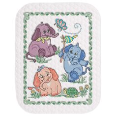 Playful baby elephants make adorable nursery pals! This adorable baby quilt design features a trio of colorful elephants enjoying a sunny day outside as they meet butterfly and turtle friends and dance around the grass waving a flag. This design is stamped for stitching on pre-quilted white fabric with a bound edge. As it is pre-quilted and pre-finished, there are no extra sewing or quilting skills needed. Simply follow the easy-to-read chart and instructions to cross-stitch stamped design on the baby quilt, and it is ready for the nursery! Floss is not included. The finished baby quilt measures 34 x 43" (86 x 109cm). Imported.   This cross-stitch baby quilt is ready for stitching with a purple elephant with a butterfly, a blue elephant waving a striped flag, and a pink elephant meeting a Cross Stitch Baby Blanket, Baby Blanket Dimensions, Cross Stitch For Baby, Stamped Cross Stitch Kits, Dimensions Cross Stitch, Baby Quilt Kit, Stamped Cross Stitch, Baby Hug, Dmc Cross Stitch