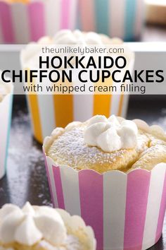 several cupcakes with whipped cream filling on them and the title reads, the muffin maker com hokidochiffon cupcakes with whipped cream filling