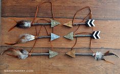 an assortment of feathers and arrows on a wooden floor