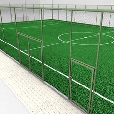 a 3d rendering of a soccer field with green grass and white lines on the ground