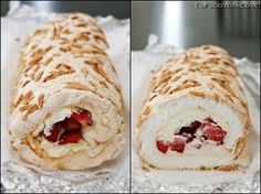 two pictures of a roll with strawberries and cream cheese