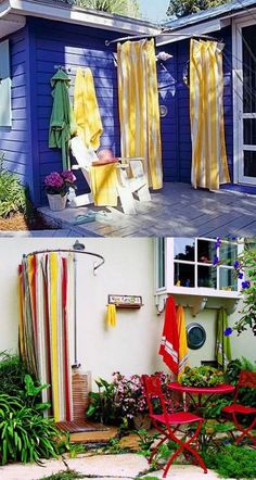 two pictures side by side, one is blue and the other has yellow striped curtains