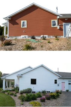 before and after photos of a house being remodeled with siding removed to match the exterior