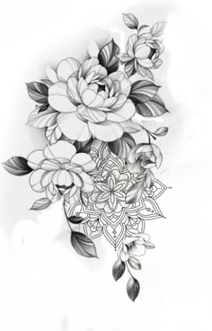 a drawing of flowers with leaves on the bottom and one flower at the top, in black and white