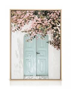 an open door with pink flowers on the outside and white walls behind it, in front of a tree