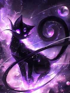 a black cat sitting on top of a purple and white background with stars in the sky