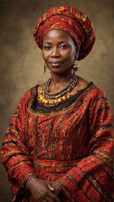 an african woman wearing a red dress and head scarf with beads on her necklace, standing in front of a brown background