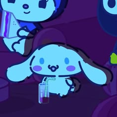 a cartoon rabbit holding a drink in it's hand and another bunny standing next to it