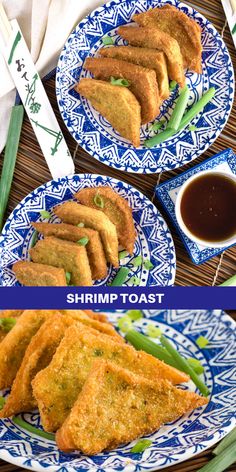 two plates with fried food on them next to dipping sauces and chopsticks