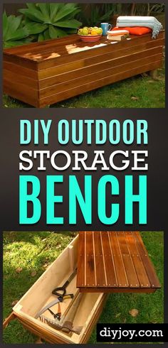 the diy outdoor storage bench is made out of wood and has an open lid