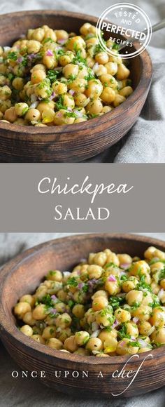 chickpea salad with cilantro and parsley in a wooden serving bowl