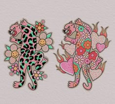 two stickers that are on the side of a wall with flowers and leopards