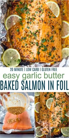 easy garlic butter baked salmon in foil with lemons and parsley on the side