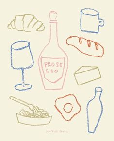 a drawing of some food and drinks on a white paper with the words prose co written in it