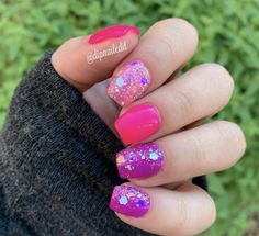 Pink And Purple Dip Nails, Hot Pink Gel Nails Short With Glitter, Pink Purple Pedicure, Neon Pink Sparkle Nails, Beach Gel Nails, Bright Pink Nails With Glitter Accent, Shellac Nail Designs, Ombre Gel Nails, Reflective Nails