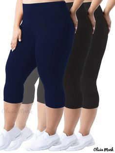 Olivia Mark - Premium Three-Piece Plus Size Capri Leggings Set for Women, featuring Solid Tummy Control, High Rise, and High Stretch Properties Leggings Set, Capri Leggings, Set For Women, Olivia Mark, Autumn Summer, Women's Leggings, Capri, Dark Blue