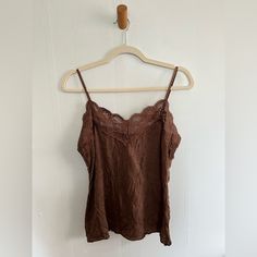 New Without Tags! Super Cute Chocolate Brown Tank 90s Style Summer Camisole Tops, 90s Style Camisole Tops For Summer, Vintage Lace Trim Camisole Tank Top, Vintage Lace Trim Tank Top, Vintage Lace Trim Camisole Top, Vintage Fitted Tank Top With Spaghetti Straps, Fitted Vintage Tank Top With Spaghetti Straps, Brown Cami Top For Spring, 90s Fitted Camisole Tops