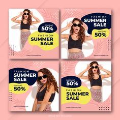 three banners for the summer sale with woman in black top and sunglasses on pink background