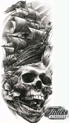 a black and white photo of a skull with a pirate ship on it's back